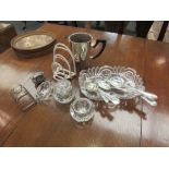 Two boxes of miscellaneous glassware, silver plated ware, prints,