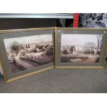 Two Rowland Hilder village scene prints, framed and glazed,