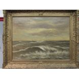 An oil on canvas of a seascape with yacht in the distance. Indistinctly signed lower right.
