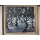 CYNTHIA MAY: An oil on board depicting a dark forest scene, signed lower right, framed,