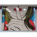 A Pop Art image Roy Lichtenstein style entitled 'Sssshhh' by Deborah Azzopardi of woman holding