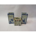 Three ceramic cricket cages, incense burner, some blue and white examples (3)