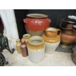 A stoneware egg crock (no lid), a jug, beer bottles and ink bottles