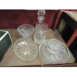 A quantity of mixed cut glass items including decanter, bowls, cake stands etc