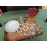 A box containing mixed glassware including drinking glasses, art glass vase and bowl etc.