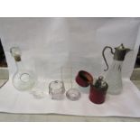 A glass wire cooler, claret ug and small glass items