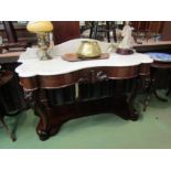 Circa 1840 a marble top washstand with single drawer over carved scroll foot legs and plateau base