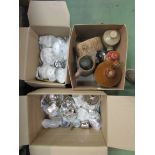 Three boxes of mixed ceramics and metal wares including silver plated chamber sticks, stoneware