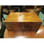 A burr walnut parquetry inlay writing slope with brass escutcheon