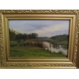 BORBERG: oil on card depicting a river bank at dusk, gilt framed, 19.5cm x 30cm