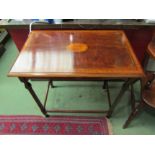 A late Victorian inlaid mahogany lamp table the rectangular top with oval fan patera inlay on