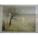 A watercolour depicting autumnal rural scene with tree, figure and dogs along country path,