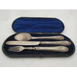 A cased set of Martin & Hall & Co cutlery, knife, fork, and spoon with silver bowl and blades,