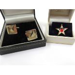 A pair of P&O Furtunus Club cufflinks and enamel white star Arctic tie pin by Tone,