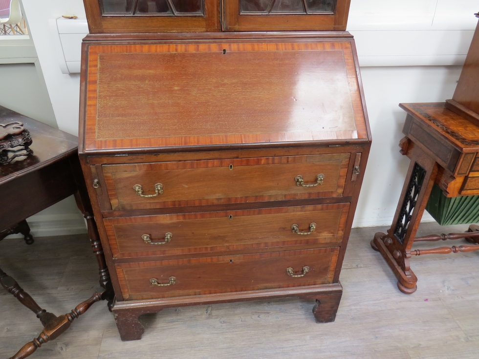 An Edwardian mahogany bureau bookcase, crossbanded front, astragal glazed top, broken arch pediment, - Image 2 of 3