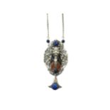 A Belle Epoque enamelled Cicada bug necklace with Swiss lapis stones and drop, probably French, 9.