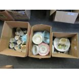 Three boxes of mixed ceramics including a quantity of Devon Moor 1950's colourways cups/teapots,