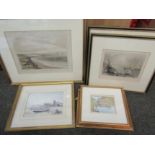 Six assorted framed and glazed etchings and prints of boating scenes including etchings of Yarmouth,