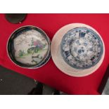 A selection of mainly blue and white dishes and plates including two Minton Delft John Jenkins and