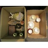 A box containing assorted tea wares to include Royal Doulton 'Alton' pattern trio and a box of