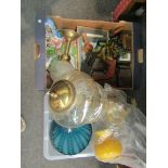 Two boxes of assorted items including oil lamp style lamps, glassware, pictures, clock etc.