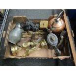 A box of mixed metalware including brass figures, teapots, tools, etc