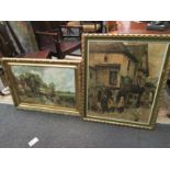 Two ornately gilt framed oleographs, one of figures outside a tavern after Outin and the other of