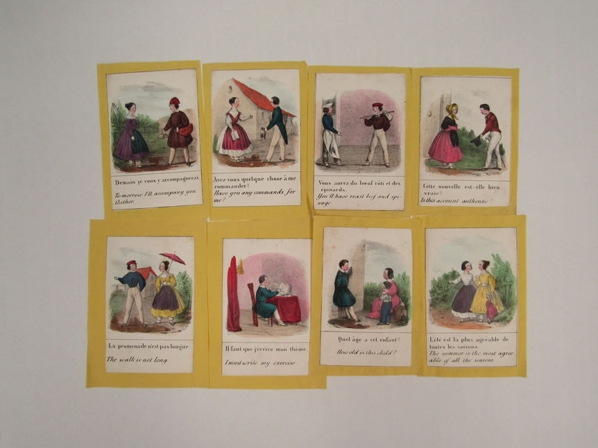 Sixteen early 19th Century hand-coloured lithographs, French to English learning cards - Image 2 of 2