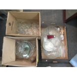 Three boxes of mixed glassware, glasses, dishes, pressed milk glass egg crock, etc