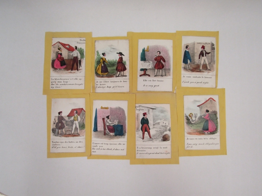 Sixteen early 19th Century hand-coloured lithographs, French to English learning cards