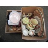 Two boxes of mixed ceramics including Denby lidded jar with hunt scenes, Limoges, Wade and Colman'