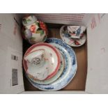 A Chinese hand-painted blue and white export plate together with other Oriental wares, saucers,