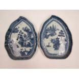 Two small leaf-shaped Chinese export hand-painted blue and white dishes, 19cm x 14cm, a/f one dish