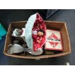 A mixed lot including vintage roller skates, Spong mincer, scales, Monopoly, reversible doll, two