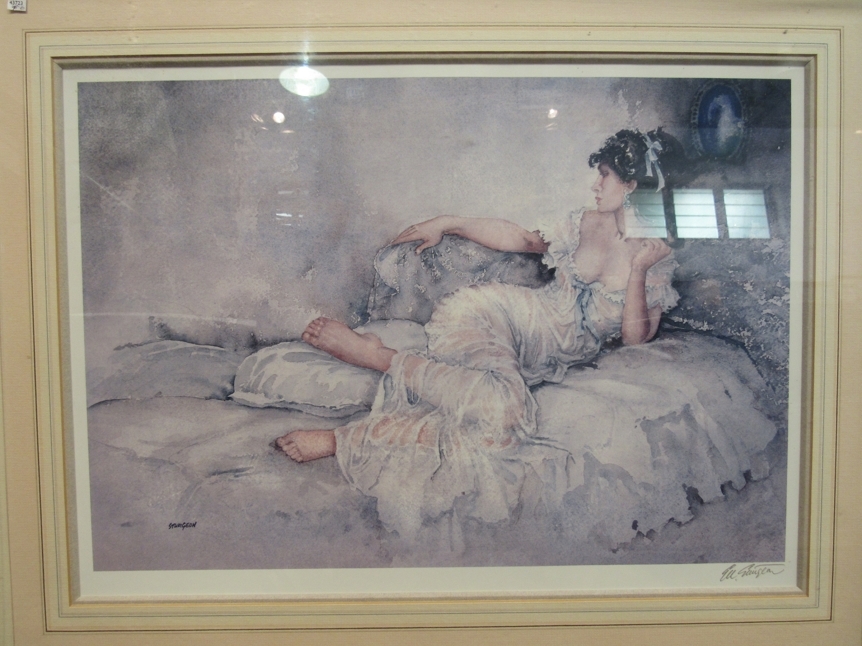 A print after Sturgeon of a reclining lady, framed and glazed, 33cm x 48cm