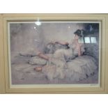 A print after Sturgeon of a reclining lady, framed and glazed, 33cm x 48cm