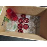 A box of glassware including red Art glass vase, glasses (including Thomas Webb examples) etc