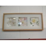 A triptych image of flowers, 28cm x 67cm, framed and glazed