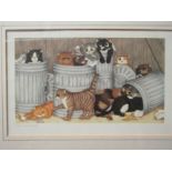 Three Linda Jane Smith prints of playful cats, all framed and glazed