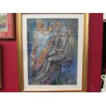 BARRY DAVIS: An acrylic image of a girl playing the harp, signed and dated 2001 lower right,