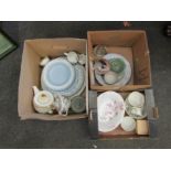 Three boxes of china including blue Wedgwood Queensware, Prattware pots with lids, Copeland Spode,