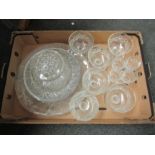 A box of mainly cut glass including hors d'oeurves dish, fruit bowl, sherry glasses, sundae dishes