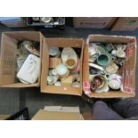 Three boxes of mixed ceramics including transfer-printed wares, fox hunting tankards, etc