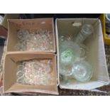 Three boxes of glass ware, to include wine glasses, coronation bowl, vases, etc