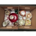 Two boxes of mixed ceramics including a part Paragon tea set, Belleek with black mark, Crown