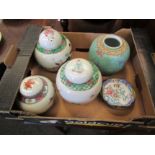 A box containing three Oriental ginger jars with lids and one without, four enamel dishes