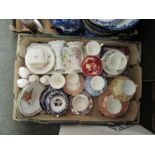 A box of mixed ceramics including Royal Albert, Spode and Royal Doulton cups and saucers, Minton