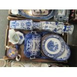 A selection of blue and white china including a pair of vases, dinner plates and jugs, etc. Coalport