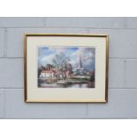 A framed and glazed print after Max Hofler depicting Pulls Ferry, Norwich, with the Cathedral in the