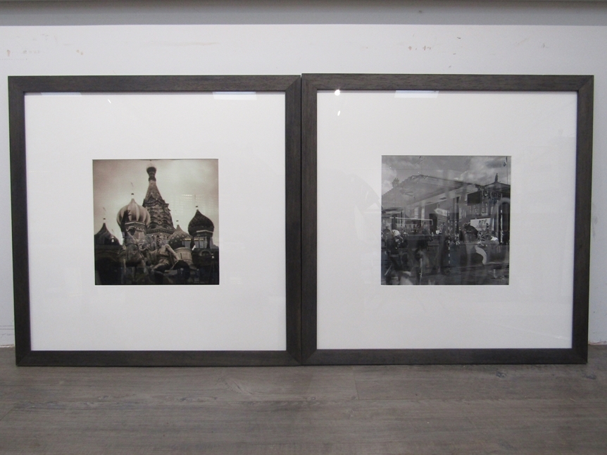 Two framed and glazed photographic prints in black and white featuring St Basil's Cathedral,